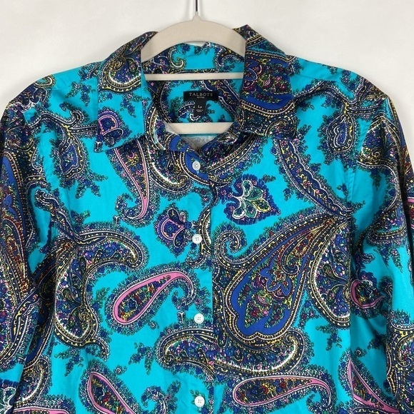 Talbots Petite Teal Multicolor Paisley Print Long Sleeve Button Down Shirt - Picture 3 of 16